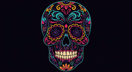 Colorful sugar skull design illustrating intricate patterns and vibrant hues for Día de los Muertos celebration