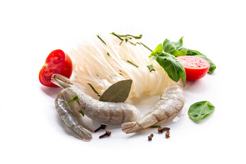 Composition of a dish for a diet shrimp rice noodles and aromatic basil