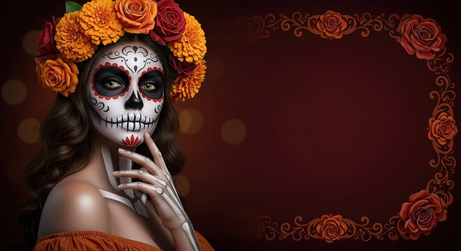 Woman adorned in vibrant makeup and flowers, honoring heritage and tradition during Day of the Dead celebrations