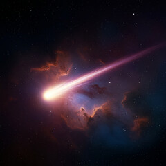輝く彗星が星雲を通過し、長い尾が光るダイナミックなシーン