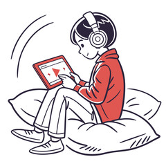 Boy with headphones is watching video on tablet while sitting on pillows