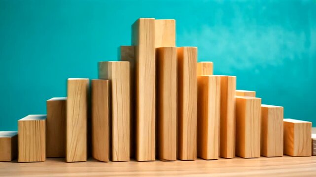 Wooden blocks arranged in a descending order on a table against a teal background, symbolizing decline