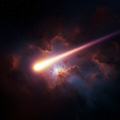 輝く彗星が星雲を通過し、長い尾が光るダイナミックなシーン