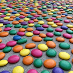 Obraz premium Colorful round candies arranged on a gray surface
