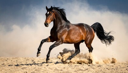 Powerful brown horse running through desert