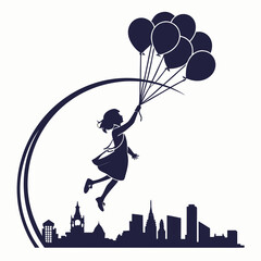 Dark blue silhouette of a girl flying with balloons over a city isolated on white background