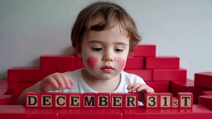 Adorable Toddler Celebrates New Year's Eve with Red Blocks and December 31st
