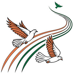 Doves flying with colorful trails isolated on white background, symbolizing peace