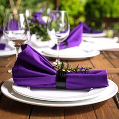Purple napkins on a wooden table
