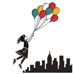 Girl flying with colorful balloons over a city skyline, isolated on white background