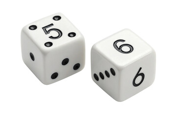 Two white dice showing numbers five and six isolated on transparent background