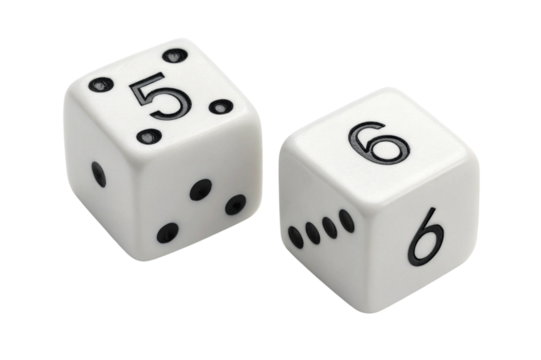 Two white dice showing numbers five and six isolated on transparent background