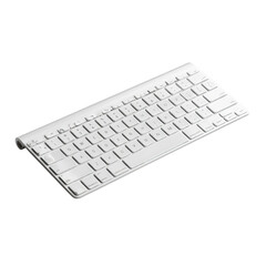 A minimalist white keyboard angled on a black surface showing keys and sleek design details clearly