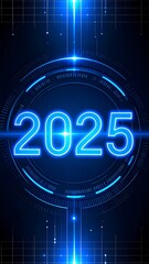 Glowing neon blue 2025 encircled in a futuristic tech HUD