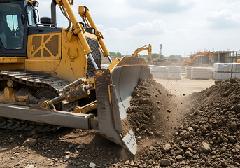 Yellow bulldozer heavy equipment at a construction site digging into the ground