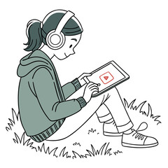 Girl with headphones watching video on tablet sitting on grass background