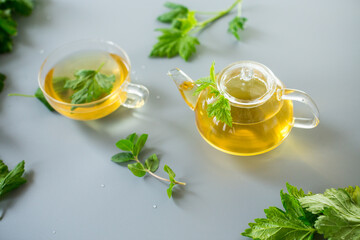 Herbal infusion of mint and currant on a gray background from above
