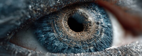 Close-up of a digitally enhanced eye with blue and gold techno details.
