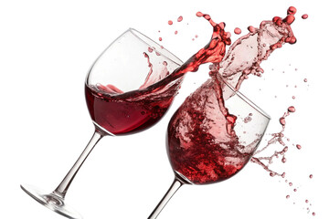 Two wine glasses clinking with red wine splash isolated on transparent background