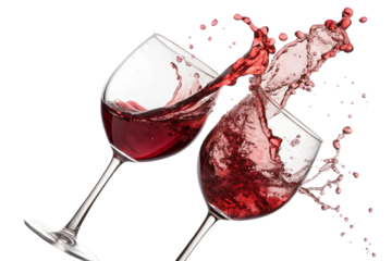 Two wine glasses clinking with red wine splash isolated on transparent background