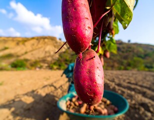 Purple sweet potatoes hanging from vines