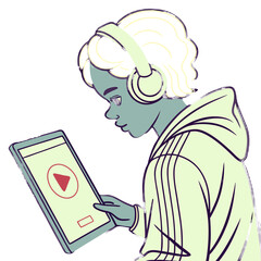 Isolated on white background, a woman with headphones is watching a video on tablet