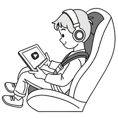 Student with headphones is studying with tablet in a seat isolated on white background