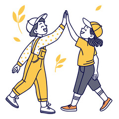 Two friends are giving each other a high five isolated on white background