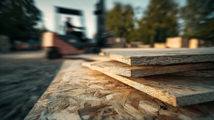 Close-up of Oriented Strand Board (OSB) Sheets with Forklift in Background at Construction Site, Lumber Supply, Building Materials