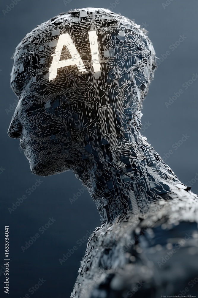 Poster futuristic humanoid form constructed with intricate digital circuits and marked ai