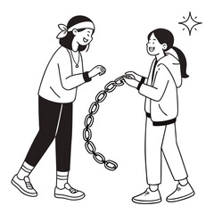 Two friends holding a chain together isolated on white background