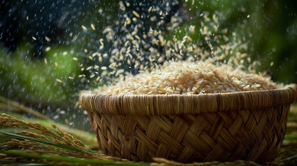 Overflowing Basket of Brown Rice with Grains Falling, Close-Up Shot in Natural Light, Agriculture and Harvest Concept