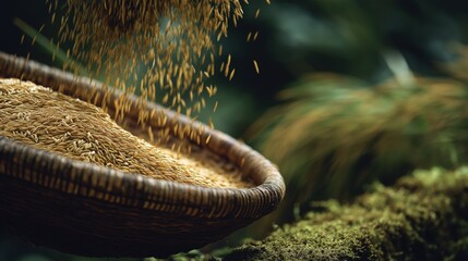 Harvesting Rice: Golden Grains Falling into a Woven Basket Amidst Lush Greenery, Showcasing Agriculture and Natural Abundance