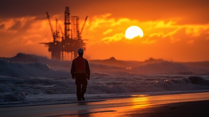 Oil Rig Worker Walking on Beach at Sunset: Offshore Platform, Energy Industry, Environmental Concerns, Coastal Landscape