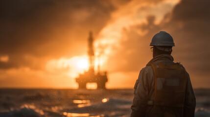 Oil Rig Worker at Sunset: Offshore Platform, Energy Industry, Safety, Environment, and Industrial Landscape