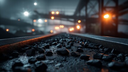 Industrial Coal Conveyor Belt at Night, Close-up View with Bokeh Lights, Energy Resource and Transportation