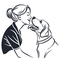 Woman and dog portrait isolated on white background in a simple line art style