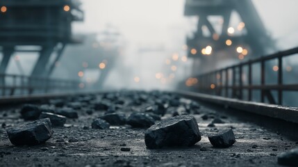Coal Pieces on Industrial Bridge with Fog and Bokeh Lights, Dark and Moody Environment, Energy Resource Concept