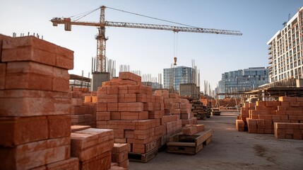 Construction Site with Red Bricks, Crane, and Modern Buildings Under Construction, Urban Development and Infrastructure Project