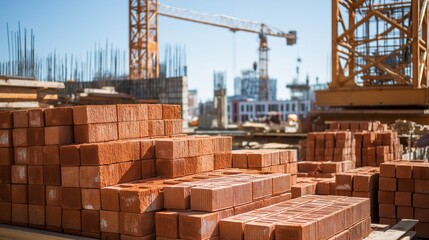 Stacked Red Bricks on Construction Site with Cranes and Rebar Under Blue Sky, Building Materials, Urban Development