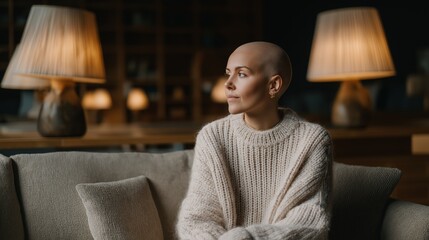 Thoughtful Bald Woman in Cream Sweater Sitting on Sofa, Looking Away, Cancer Awareness, Hope, and Resilience in a Cozy Home Setting