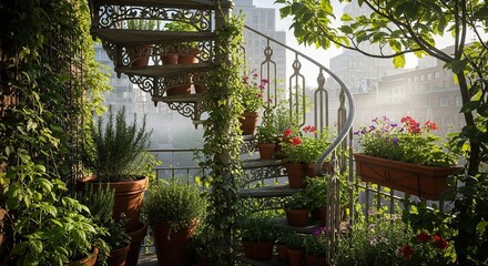 Obraz premium Outdoor spiral staircase with potted plants and greenery in a garden setting.