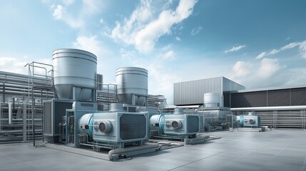 Industrial HVAC System on Rooftop with Cooling Towers, Air Conditioning Units, and Piping Against a Blue Sky with Clouds