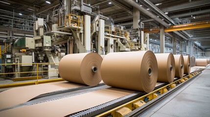 Large Paper Rolls on Conveyor Belt in a Modern Paper Mill Factory, Cardboard Production, Industrial Manufacturing Process, Automation and Technology