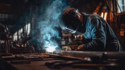 Professional Welder at Work: Skilled Craftsman Welding Metal with Safety Mask and Protective Gear in Industrial Workshop, Sparks and Smoke