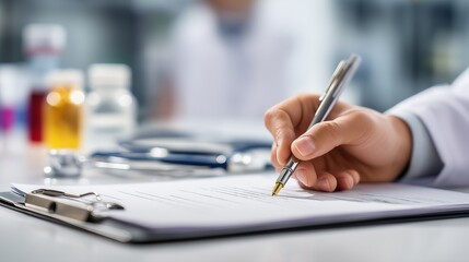Doctor Writing Medical Prescription on Clipboard in Clinic, Healthcare Professional Filling Patient Information Form, Medical Record, Close-up of Hand with Pen