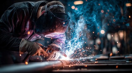 Professional Welder at Work: Close-up of Welding Sparks and Smoke with Protective Gear in Industrial Setting, Manufacturing Steel
