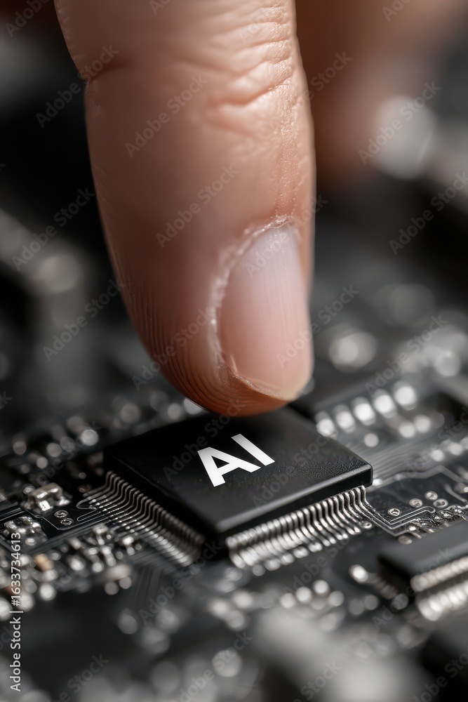 Poster finger interacting with artificial intelligence chip on a circuit board