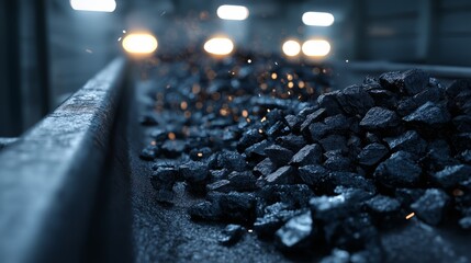 Conveyor Belt Transporting Coal with Sparks and Headlights in Dark Industrial Setting, Energy Resource and Fossil Fuel Concept