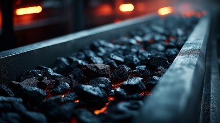 Close-up of Smoldering Coal in a Metal Container with Glowing Embers, Industrial Fuel Source, Dark and Moody